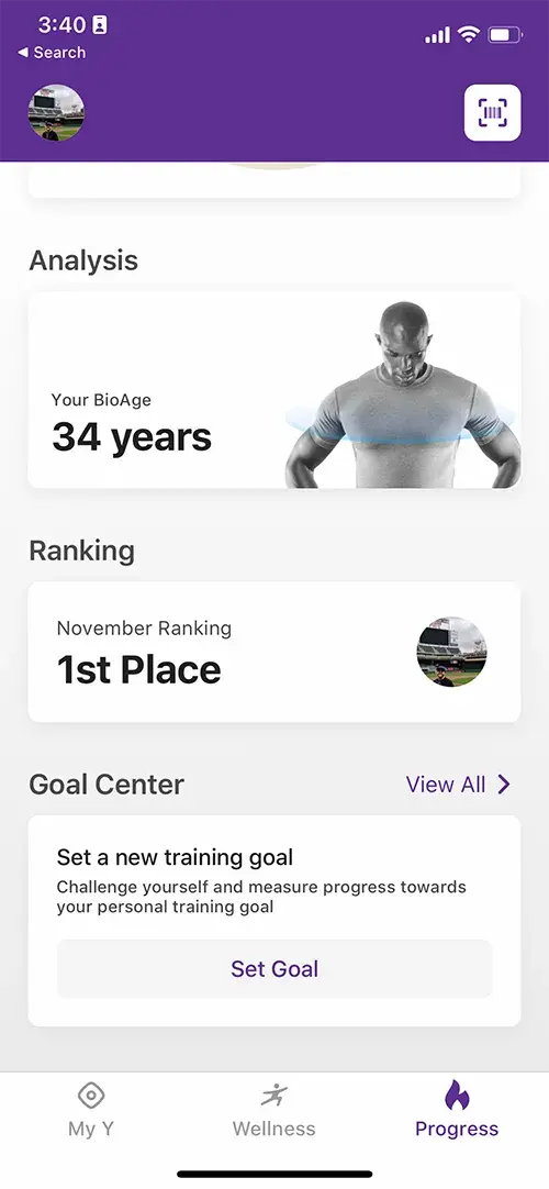 The progress tab of the YMCA app is where you set fitness goals and view your body age (based on fitness metrics).