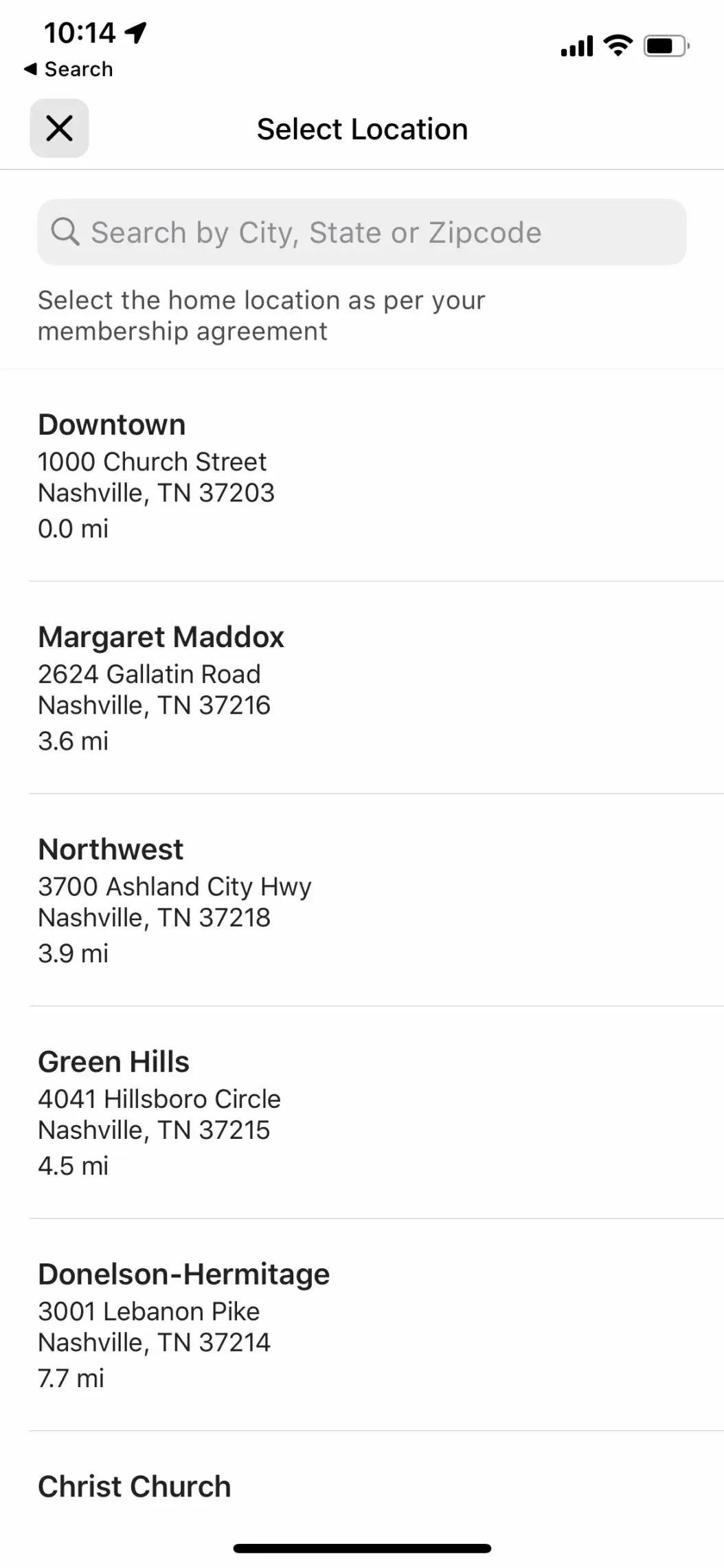 Mobile app screenshot of YMCA location selection.