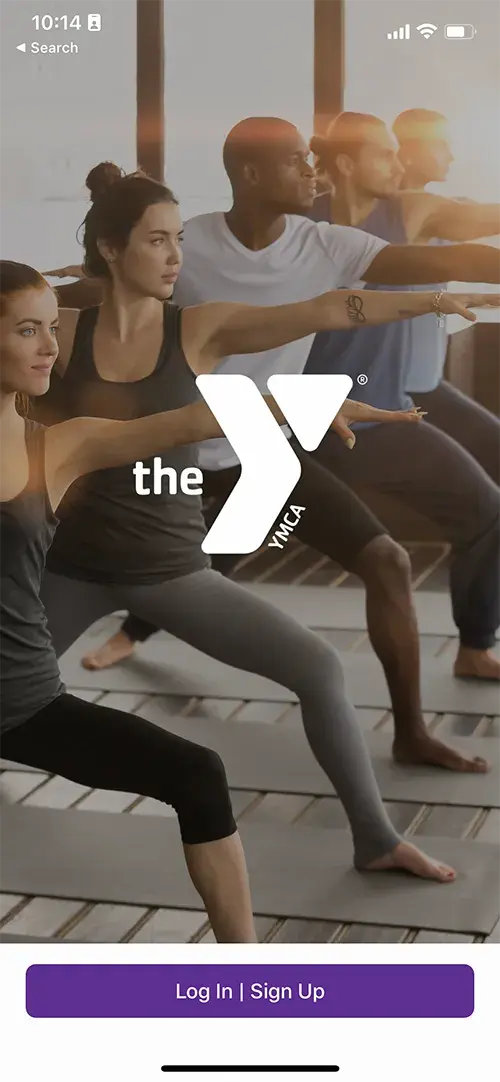 YMCA mobile app splash screen. A purple signup button sits at the bottom.