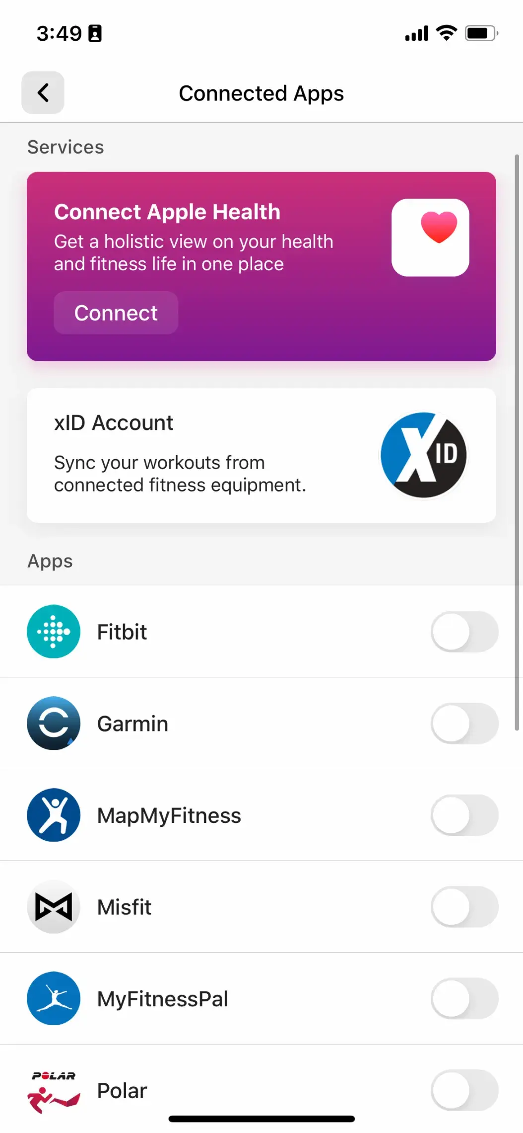 This screenshot shows how you can connect a fitness app to your YMCA app to share workout information.