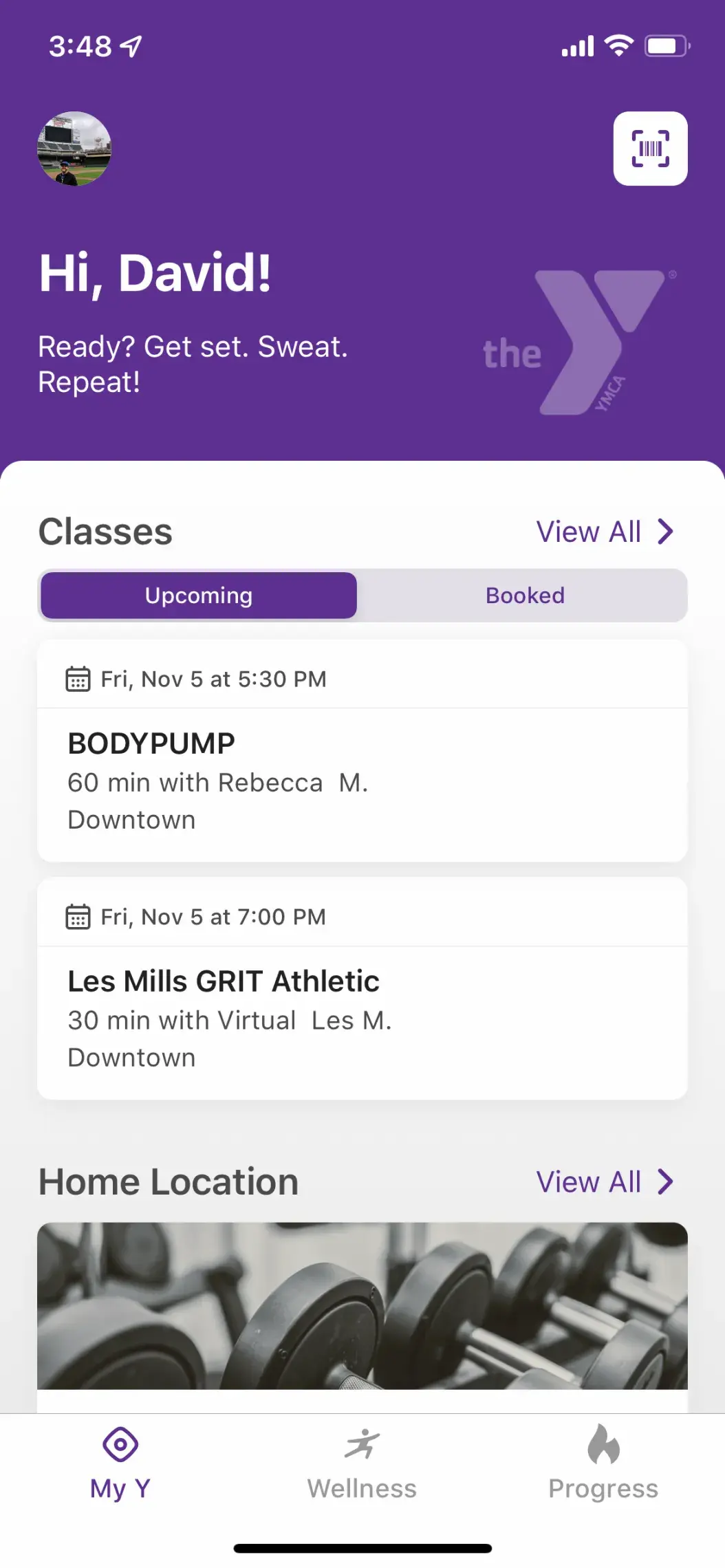 This is the home page of the YMCA mobile app. View upcoming classes, scan into your Y and view your local branch hours.