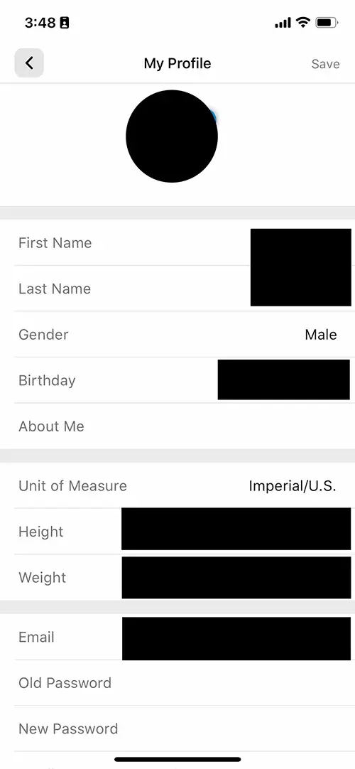 A screenshot of a YMCA mobile app profile page, where you can edit your name, age, body weight, height and birth date.