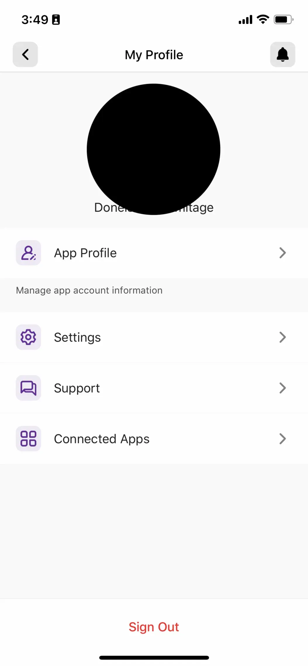 There are four options on this YMCA app screen: edit profile, change app settings, contact support and connect a fitness app.
