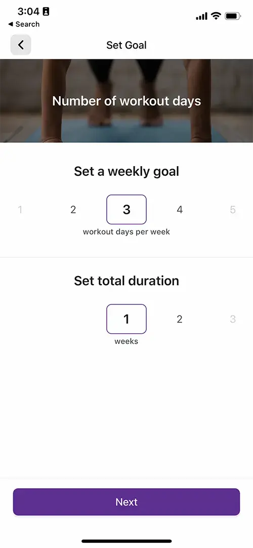 On this YMCA mobile app screen, you can set a specific fitness goal, including choosing the duration of your goal.