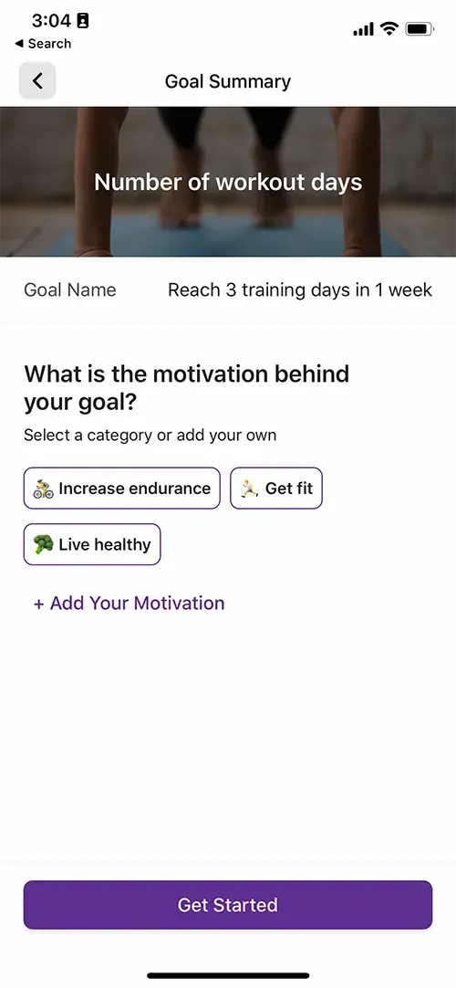 On this screen in the YMCA mobile app, you can specify your motivation for setting your fitness goal.
