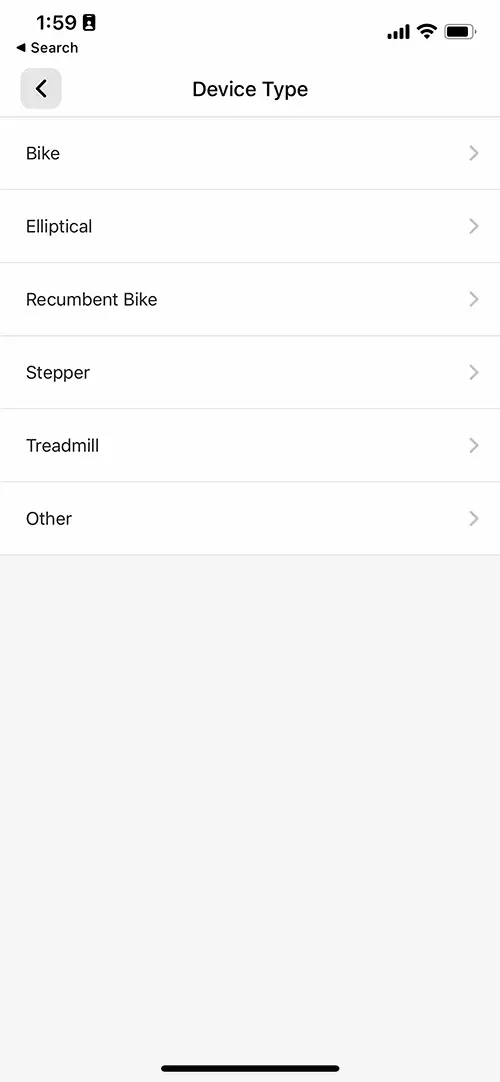 This YMCA mobile app screenshot shows the different fitness equipment that works with xCapture, including treadmills.