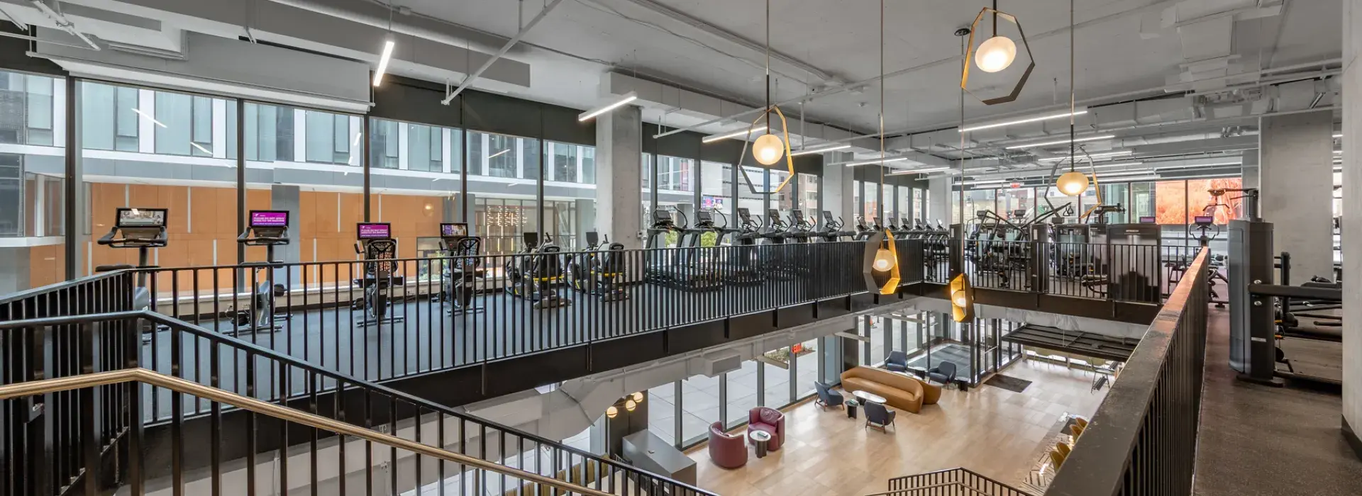 Workout space around the stairs on the second floor of the Downtown Y